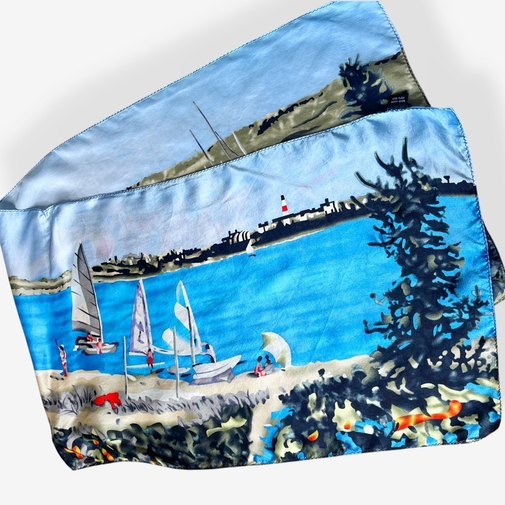 Silk Scenic Beach Print Oblong Scarf Headscarf - Picture 6 of 12